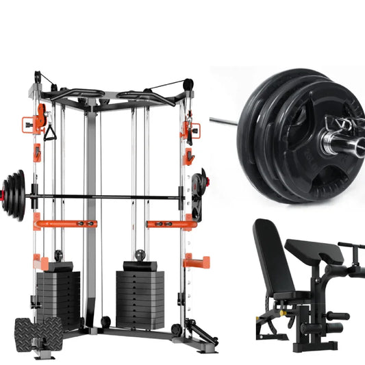 SmartFit C1 Max Multi Functional Cable Crossover Station 130kgs Pin Loaded Machine + Multi Func Bench+7Ft Olympic Barbell + 100kgs Weights - Mekamart Australia