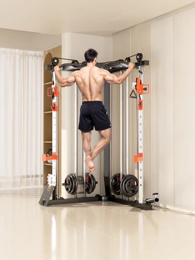 SmartFit C1 Max Multi Functional Cable Crossover Station 130kgs Pin Loaded Machine + Multi Func Bench+7Ft Olympic Barbell + 100kgs Weights - Mekamart Australia