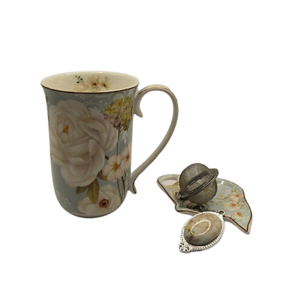 White Rose Fine Bone China Mug with Strainer - 405ml Floral Tea Cup