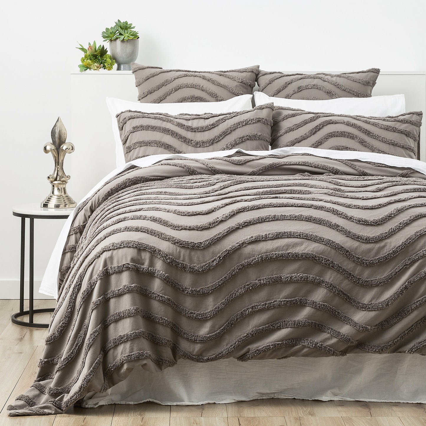 Chenille Wave 100% Cotton Vintage Washed Grey Tufted Quilt Cover Set by Cloud Linen Queen