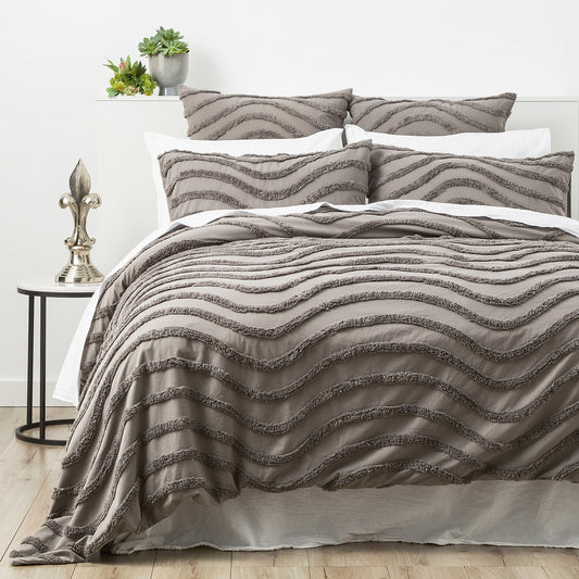 Chenille Wave 100% Cotton Vintage Washed Grey Tufted Quilt Cover Set by Cloud Linen Queen