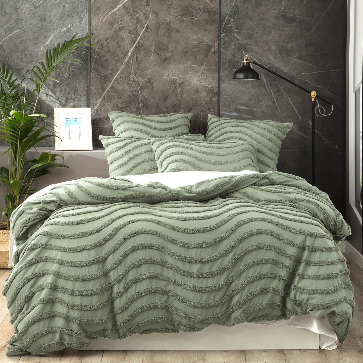 Chenille Wave 100% Cotton Vintage Washed Sage Tufted Quilt Cover Set by Cloud Linen King