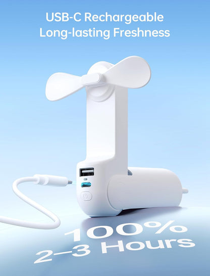 Handheld Mini Fan,2 IN 1 USB Rechargeable Portable Fan [12-19 Working Hours] with Power Bank, Pocket Design for Travel/Summer/Concerts/Lash, Gifts for Women (White)Christmas Gifts