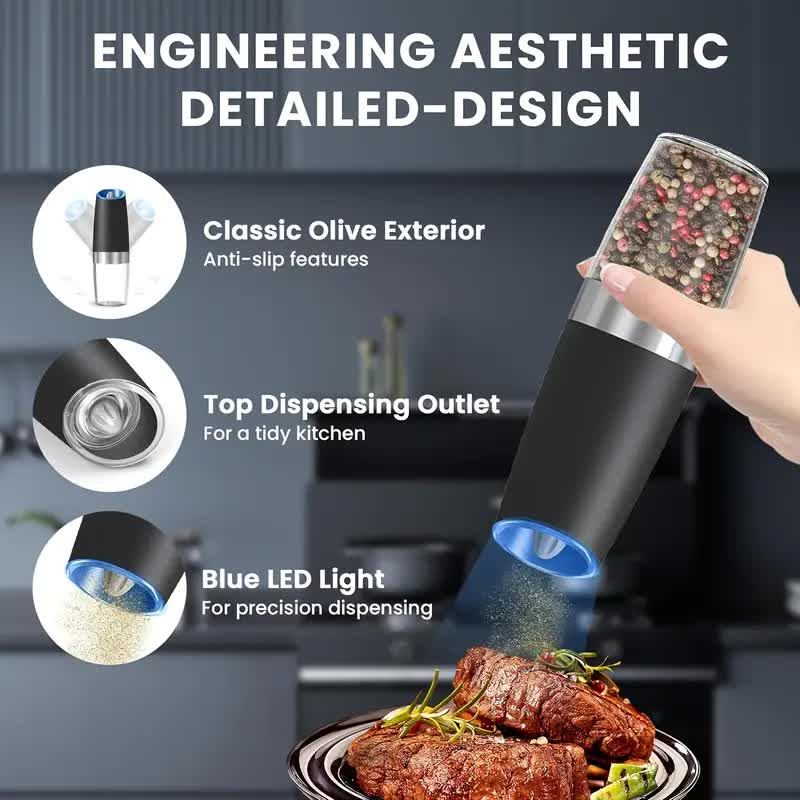 Gravity Electric Salt and Pepper Grinder Set, Battery Powered LED Light One Hand Automatic Operation, Adjustable Coarseness Mill Grinders Shakers Black, Kitchen Gadgets Gift Ideas