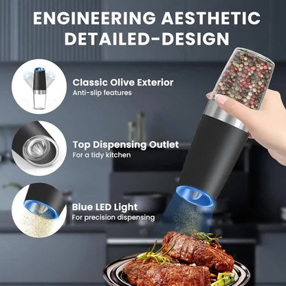 Gravity Electric Salt and Pepper Grinder Set, Battery Powered LED Light One Hand Automatic Operation, Adjustable Coarseness Mill Grinders Shakers Black, Kitchen Gadgets Gift Ideas