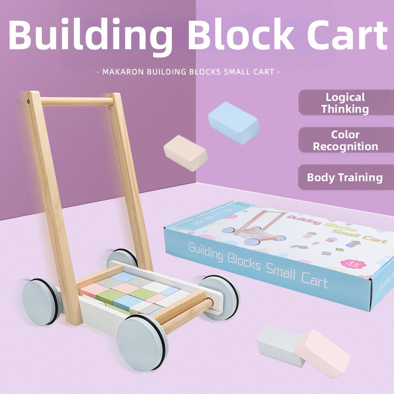 Children's Early Education Wooden Stacking Blocks Push Trolley Walker