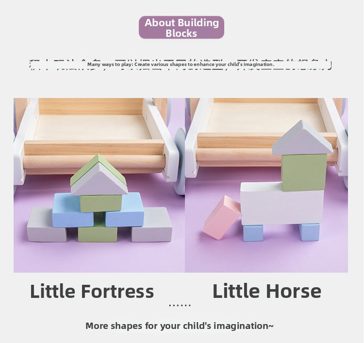 Children's Early Education Wooden Stacking Blocks Push Trolley Walker