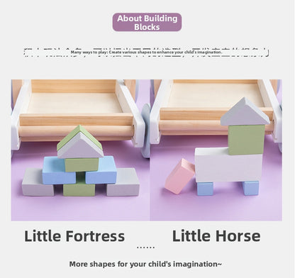 Children's Early Education Wooden Stacking Blocks Push Trolley Walker