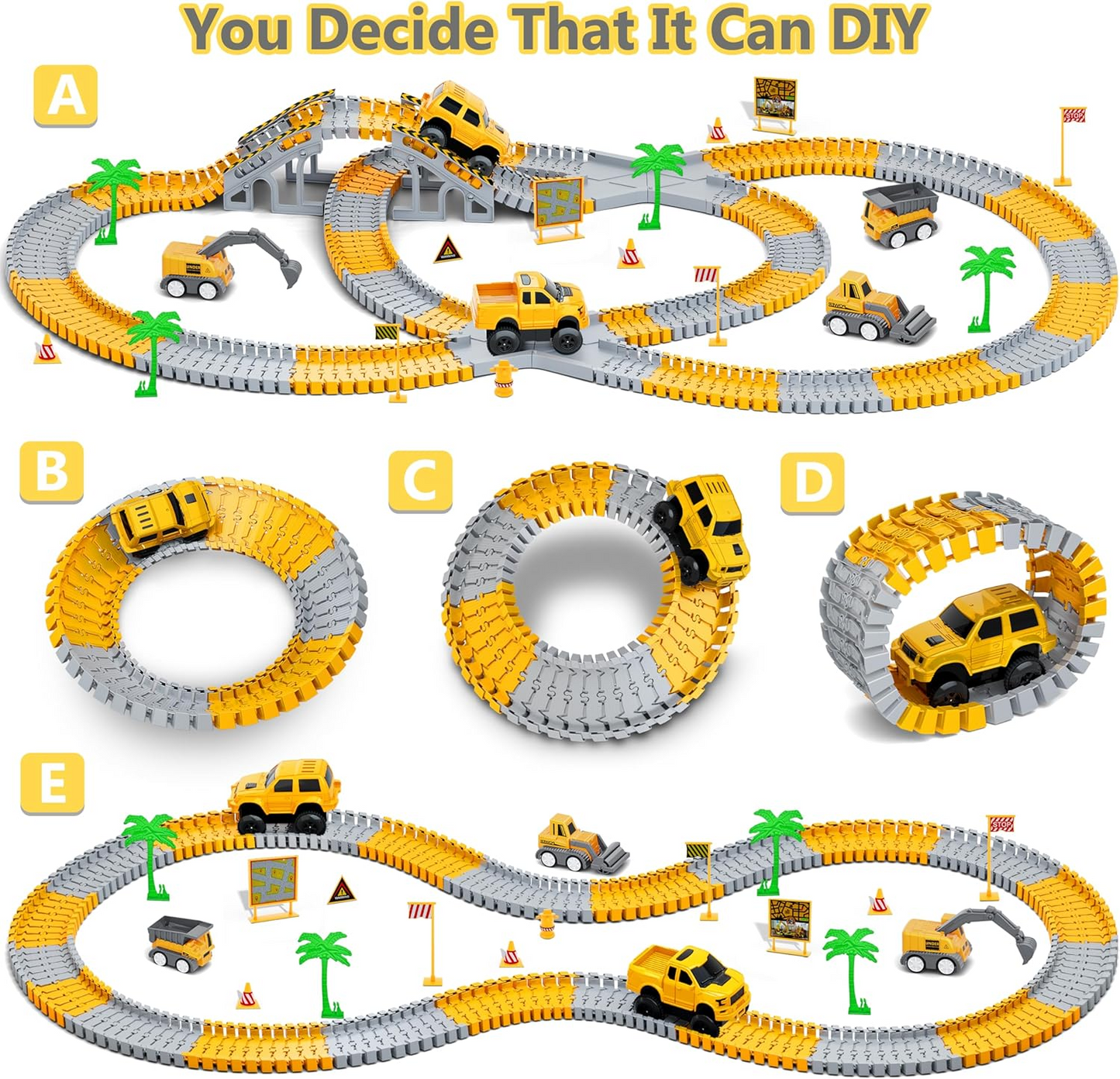 343 track-building sets, track-course - STEM learning toys, construction vehicles (concrete mixers, dump trucks), Track-birthday/Christmas gifts for boys - Developing motor skills and creativity - Compatible with the major