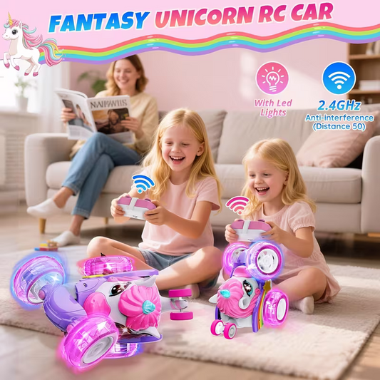 Unicorn remote control car for girls, 360° rotating four-wheel drive stunt remote control car with cute lights, rechargeable toy - children's birthday gift