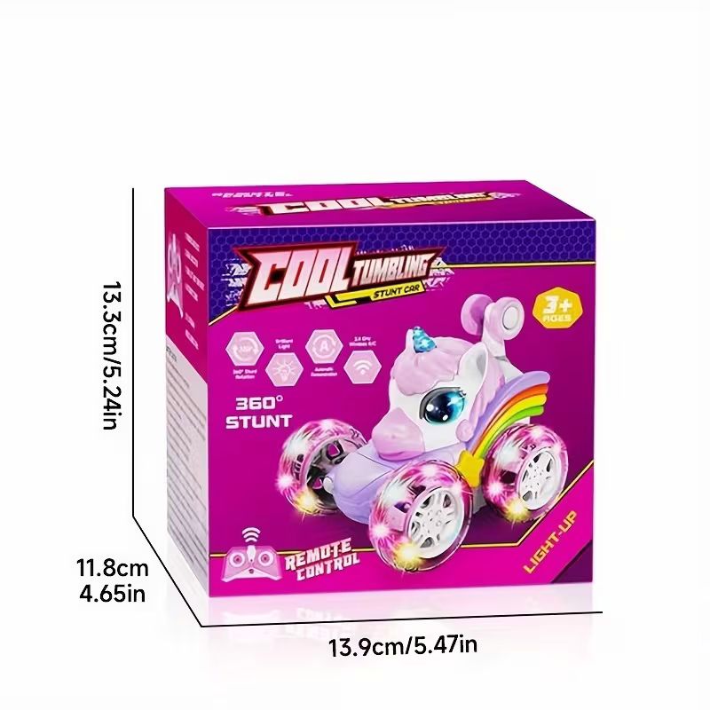 Unicorn remote control car for girls, 360° rotating four-wheel drive stunt remote control car with cute lights, rechargeable toy - children's birthday gift