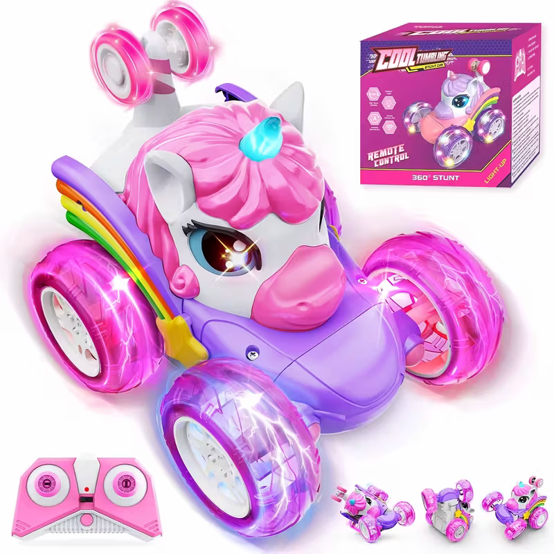Unicorn remote control car for girls, 360° rotating four-wheel drive stunt remote control car with cute lights, rechargeable toy - children's birthday gift