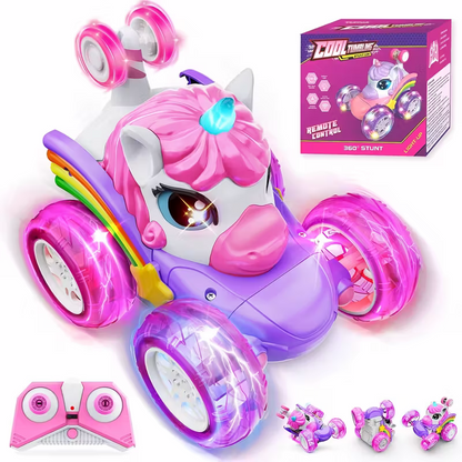 Unicorn remote control car for girls, 360° rotating four-wheel drive stunt remote control car with cute lights, rechargeable toy - children's birthday gift