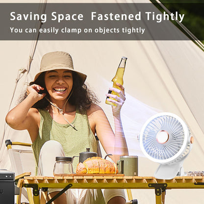 Mini Clip-on Fan with LED Light – USB Rechargeable, 360° Rotatable, 5-Speed Cooling for Desk, Bed, Camping & Travel (White)