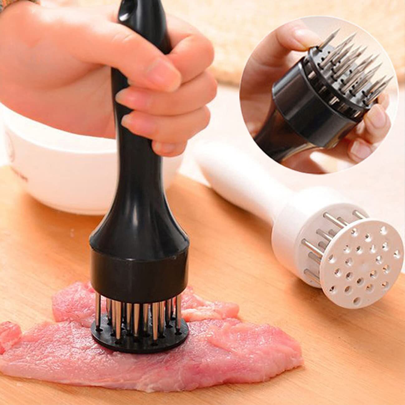 Meat Tenderizer Set with Stainless Steel Needles – 2-Piece Kitchen Tool for Marinating & Cooking Beef, Chicken, Pork, Fish (Black & White)