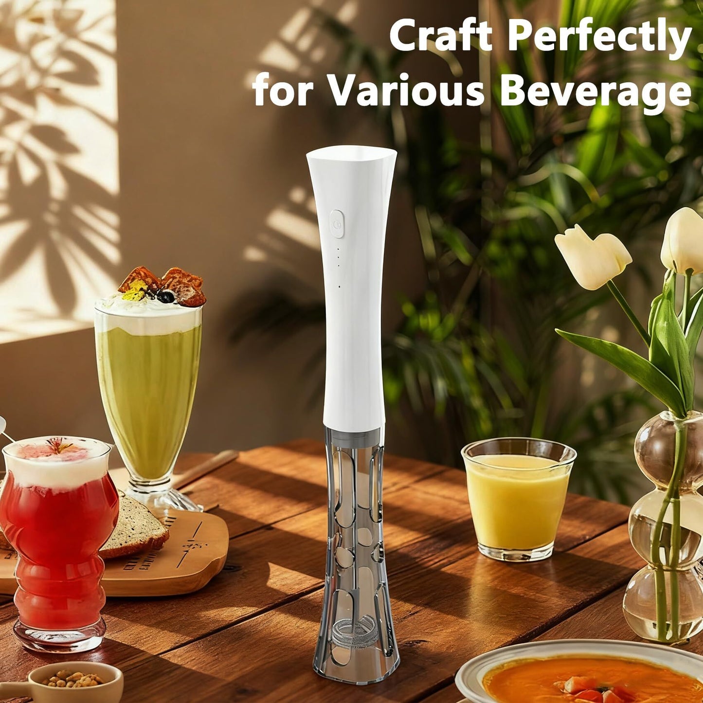 White Hands-Free Milk Frother – 2000mAh Rechargeable Coffee & Drink Mixer for Latte, Cappuccino, Matcha & More | Perfect for Home, Office & Travel