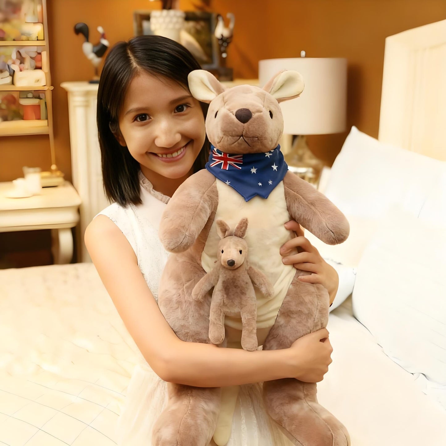 Kangaroo Stuffed Animal with Joey in Pouch & Australia Scarf - Soft Cuddly Plush Toy(45cm, light grey)| Other Colors Available in Store