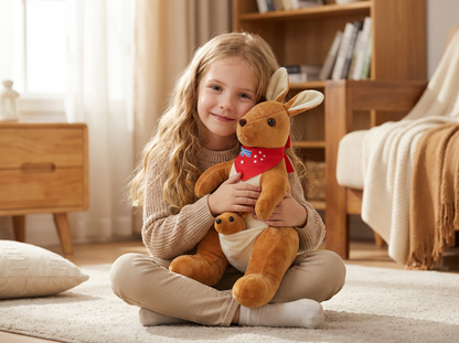 Kangaroo Stuffed Animal with Joey in Pouch & Australia Scarf - Soft Cuddly Plush Toy(32cm,light brown
)| Other Colors Available in Store