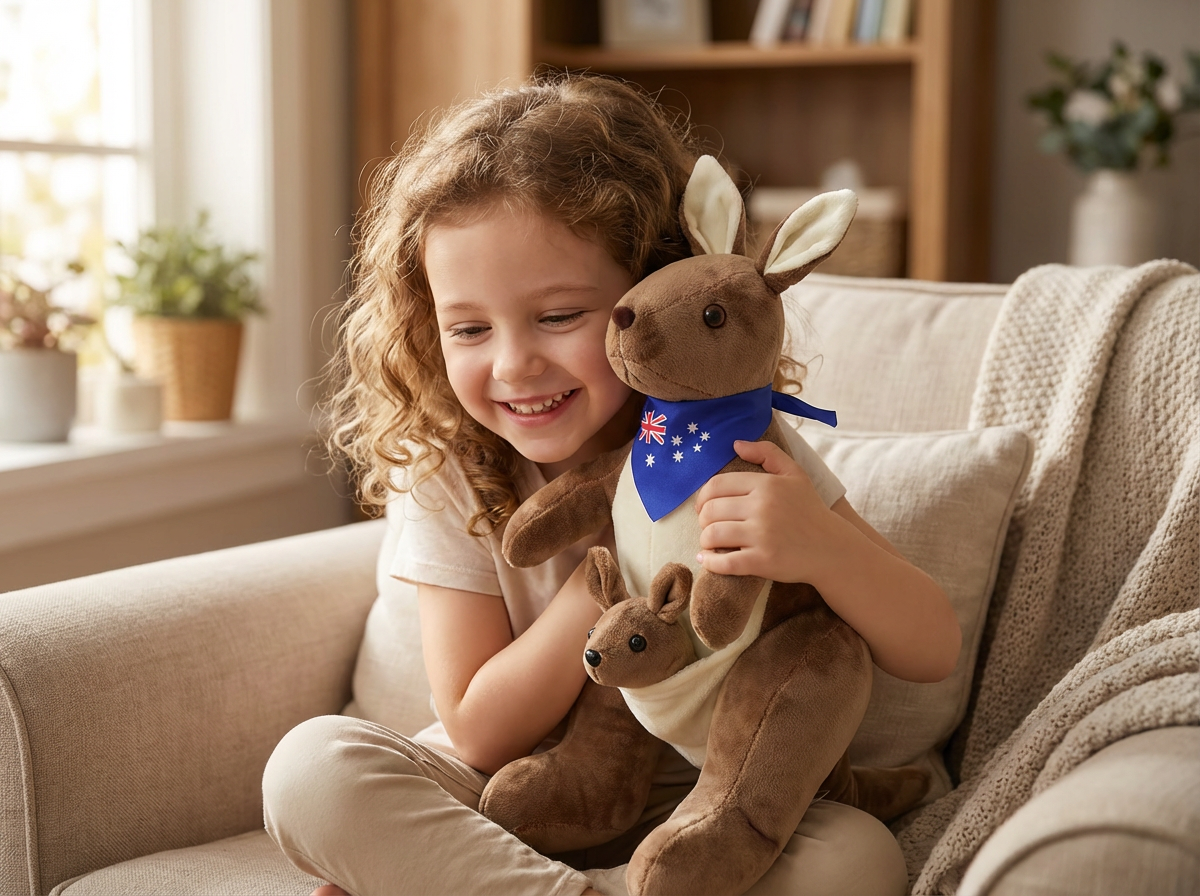 Kangaroo Stuffed Animal with Joey in Pouch & Australia Scarf - Soft Cuddly Plush Toy(32cm, Dark brown
)| Other Colors Available in Store