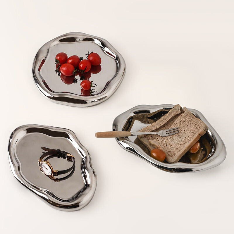 Silver Plated Ceramic Tray Set (Round & Long Shapes) – Minimalist Luxury Decorative Organizer for Jewelry, Vanity & Home Display| Other Styles Available in Store