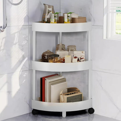 White Corner Storage Shelf – 3-Tier Rolling Organizer for Bathroom, Kitchen & Bedroom | Space-Saving Aluminum Rack with Wheels | Black Available In-Store