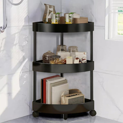 Black Corner Storage Shelf – 3-Tier Rolling Organizer for Bathroom, Kitchen & Bedroom | Space-Saving Aluminum Rack with Wheels | White Available In-Store
