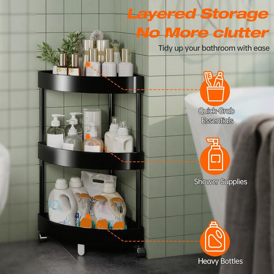 Black Corner Storage Shelf – 3-Tier Rolling Organizer for Bathroom, Kitchen & Bedroom | Space-Saving Aluminum Rack with Wheels | White Available In-Store