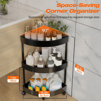 Black Corner Storage Shelf – 3-Tier Rolling Organizer for Bathroom, Kitchen & Bedroom | Space-Saving Aluminum Rack with Wheels | White Available In-Store