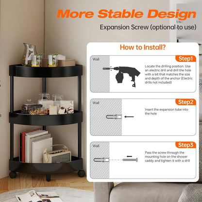 Black Corner Storage Shelf – 3-Tier Rolling Organizer for Bathroom, Kitchen & Bedroom | Space-Saving Aluminum Rack with Wheels | White Available In-Store