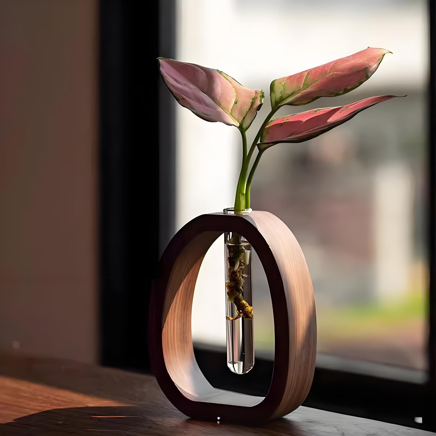 Wooden Glass Hydroponic Vase – Minimalist Desktop Flower Vase for Water Plants & Blooms (9.5cm) | Other Sizes Available in Store