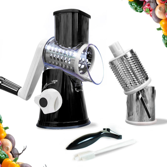 Manual Rotary Food Slicer & Grater with 3 Stainless Steel Drums – Suction Base Vegetable Shredder for Cheese, Potatoes & More (Black)