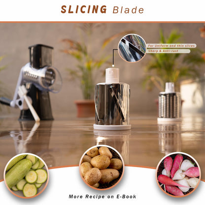 Manual Rotary Food Slicer & Grater with 3 Stainless Steel Drums – Suction Base Vegetable Shredder for Cheese, Potatoes & More (Black)
