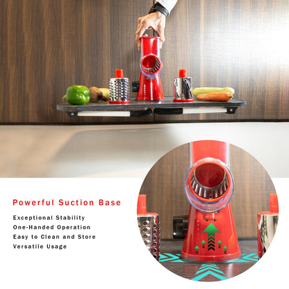 Manual Rotary Food Slicer & Grater with 3 Stainless Steel Drums – Suction Base Vegetable Shredder for Cheese, Potatoes & More (Black)