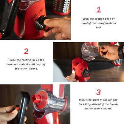 Manual Rotary Food Slicer & Grater with 3 Stainless Steel Drums – Suction Base Vegetable Shredder for Cheese, Potatoes & More (Black)