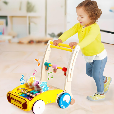 Wooden Baby Walker with Hammer-Action Xylophone – Push-Activated Musical Learning Toy for 6–18 Months (Yellow)