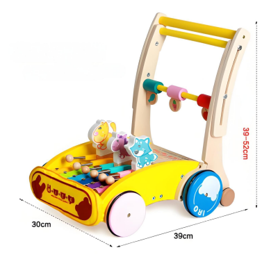 Wooden Baby Walker with Hammer-Action Xylophone – Push-Activated Musical Learning Toy for 6–18 Months (Yellow)