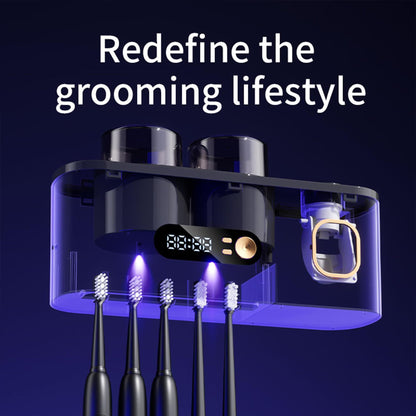 UV Toothbrush Holder with Disinfection & Toothpaste Dispenser – Wall-Mounted Bathroom Organizer with LED Display and 2 Cups