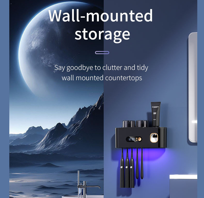 UV Toothbrush Holder with Disinfection & Toothpaste Dispenser – Wall-Mounted Bathroom Organizer with LED Display and 2 Cups