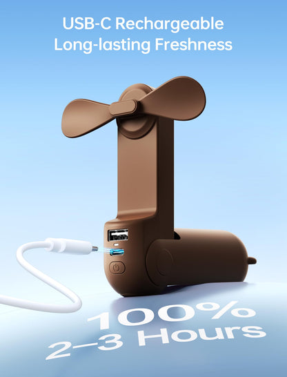 Handheld Mini Fan (Brown), 3-in-1 USB Rechargeable Portable Fan with Power Bank & Flashlight, Pocket Design for Travel & Summer