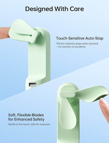 Handheld Mini Fan (Green), 3-in-1 USB Rechargeable Portable Fan with Power Bank & Flashlight, Pocket Design for Travel & Summer