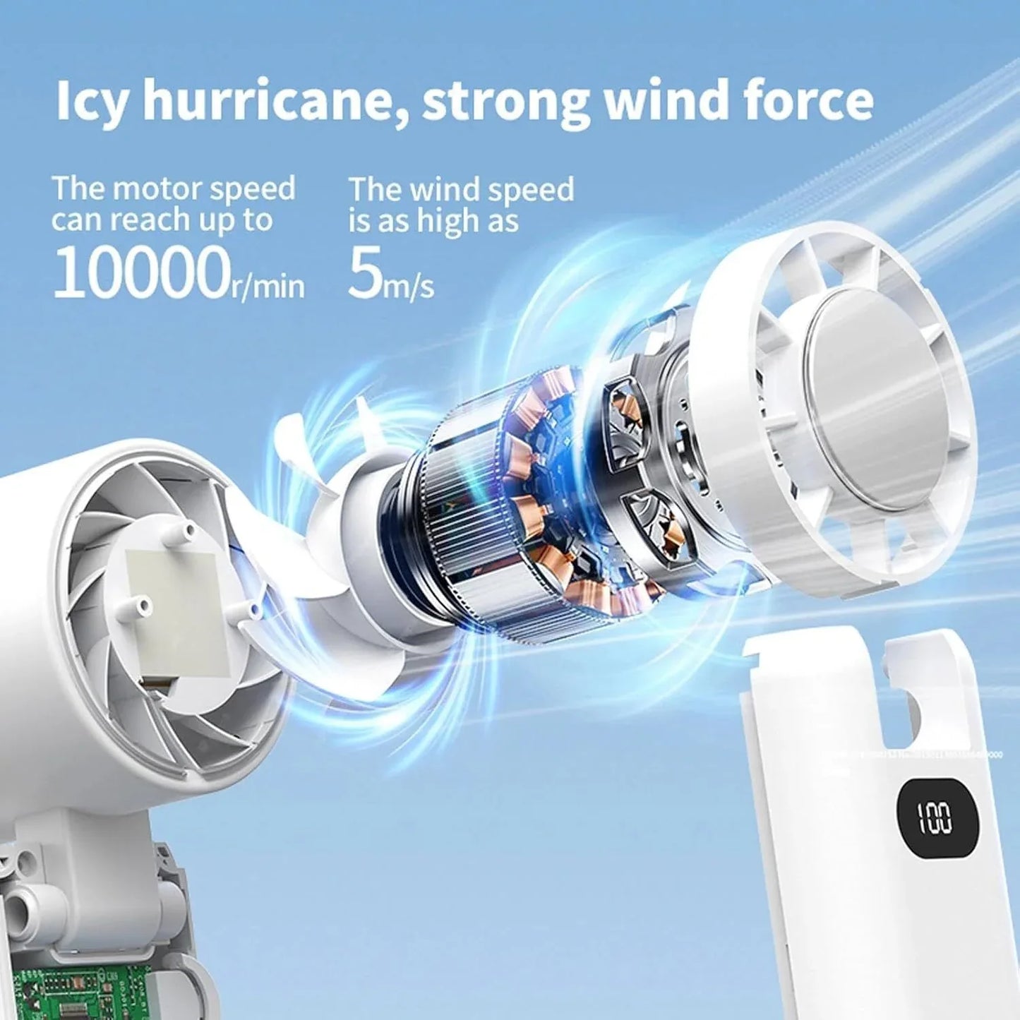 Portable Handheld Turbo Fan with Cooling Tech, Digital Display, 100-Speed Control, Rechargeable 4-in-1 Personal Fan for Travel, Outdoor, Office (White)