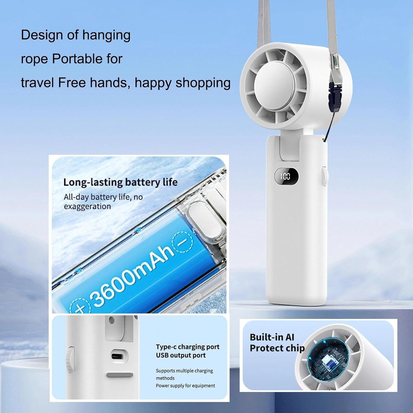 Portable Handheld Turbo Fan with Cooling Tech, Digital Display, 100-Speed Control, Rechargeable 4-in-1 Personal Fan for Travel, Outdoor, Office (White)