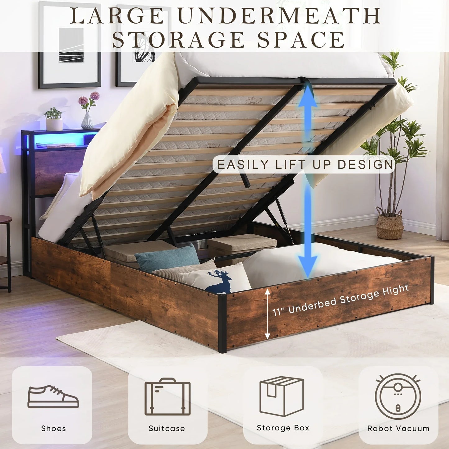 Gas Lift Bed Frame with Storage, Double Size Wooden Slats Platform Bed Frame with LED Lights and Charging Station, No Box Spring Needed, Noise Free, Rustic Brown - Mekamart Australia