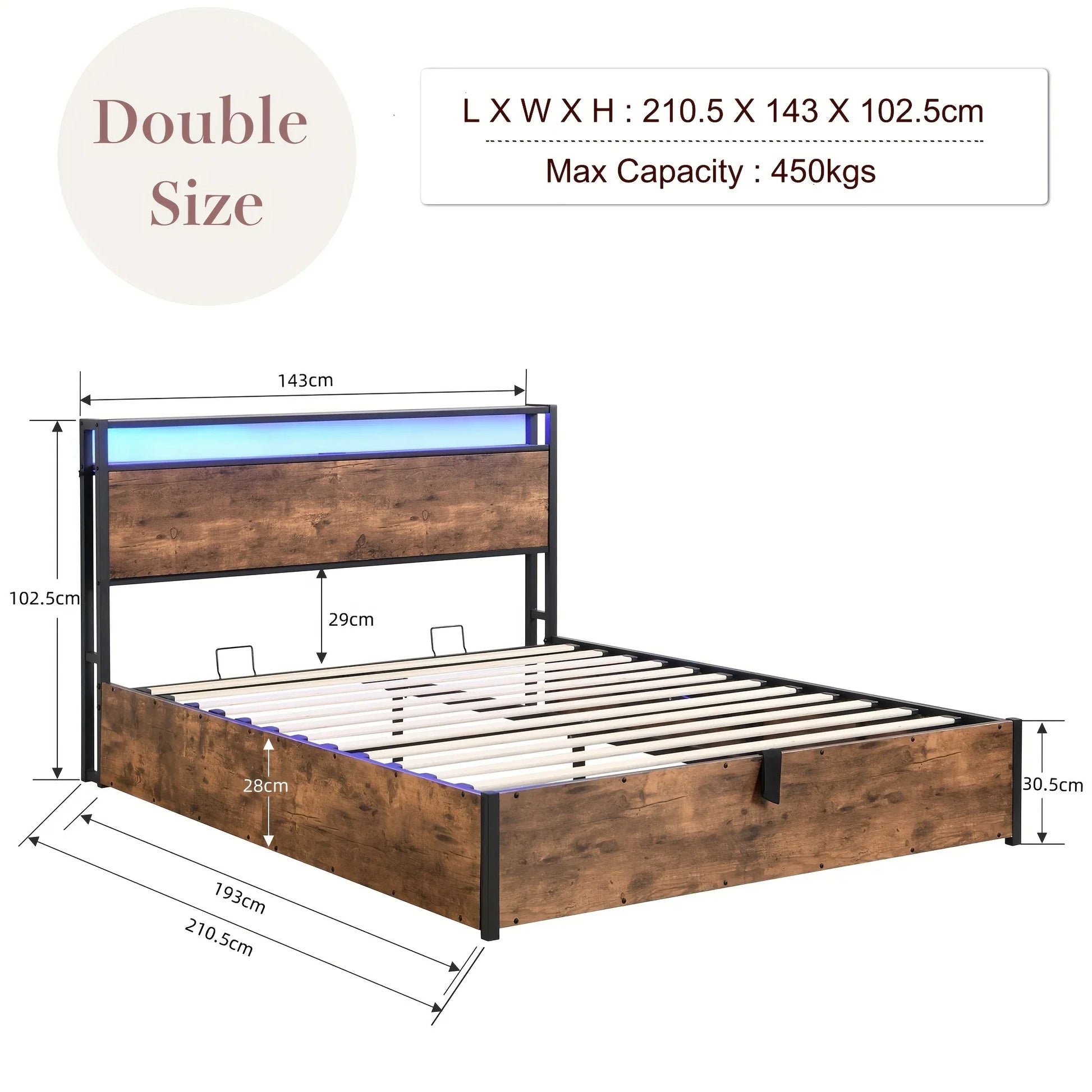 Gas Lift Bed Frame with Storage, Double Size Wooden Slats Platform Bed Frame with LED Lights and Charging Station, No Box Spring Needed, Noise Free, Rustic Brown - Mekamart Australia