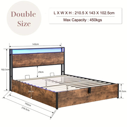 Gas Lift Bed Frame with Storage, Double Size Wooden Slats Platform Bed Frame with LED Lights and Charging Station, No Box Spring Needed, Noise Free, Rustic Brown - Mekamart Australia