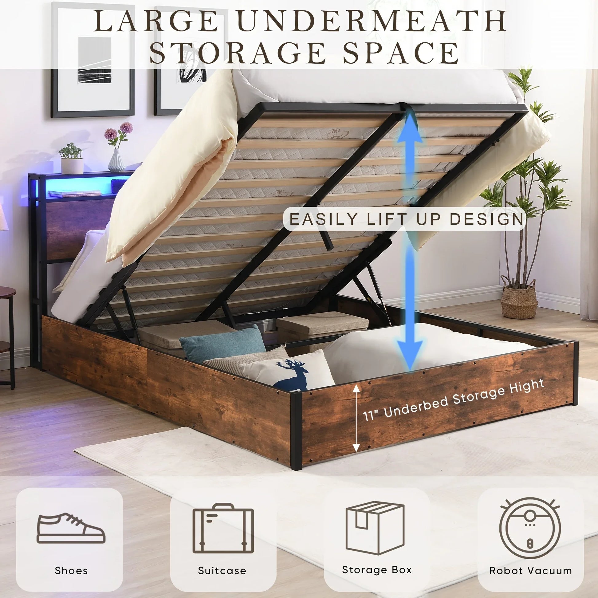 Gas Lift Bed Frame with Storage, Queen Size Wooden Slats Platform Bed Frame with LED Lights and Charging Station, No Box Spring Needed, Noise Free, Rustic Brown - Mekamart Australia