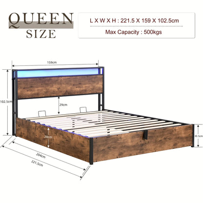 Gas Lift Bed Frame with Storage, Queen Size Wooden Slats Platform Bed Frame with LED Lights and Charging Station, No Box Spring Needed, Noise Free, Rustic Brown - Mekamart Australia