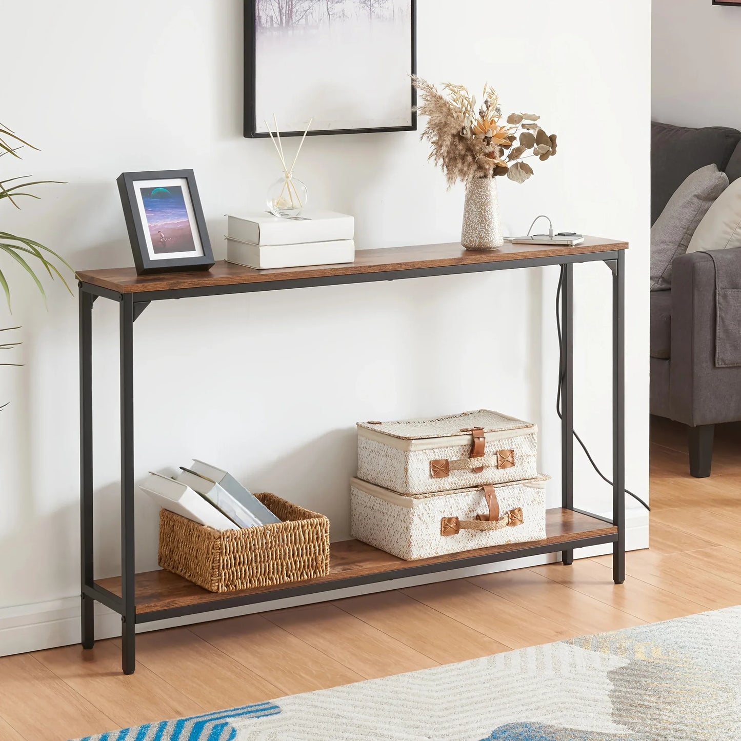 2 Tier Console Table with Power Outlets and USB Ports, Wood Entryway Table with Charging Station & Storage Shelf, Narrow 2-Tier Sofa Table for Living Room Hallway Foyer