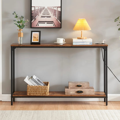 2 Tier Console Table with Power Outlets and USB Ports, Wood Entryway Table with Charging Station & Storage Shelf, Narrow 2-Tier Sofa Table for Living Room Hallway Foyer