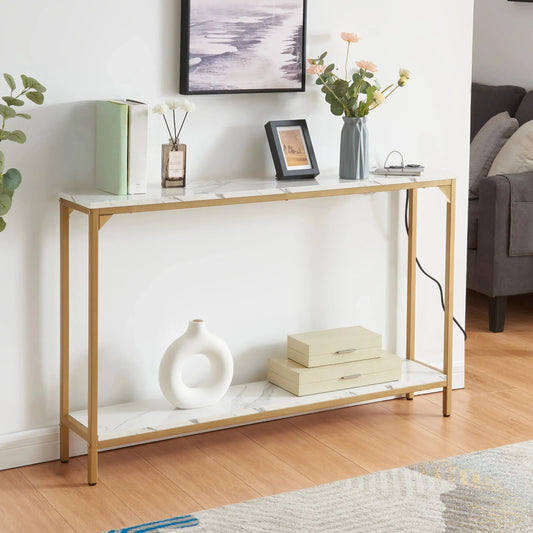 2 Tier Console Table with Power Outlets and USB Ports, Wood Entryway Table with Charging Station & Storage Shelf, Narrow 2-Tier Sofa Table for Living Room Hallway Foyer